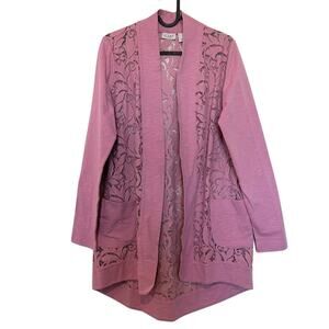 LOGO by Lori Goldstein Soft Mauve Open Front Slub Cardigan Lace Size Small